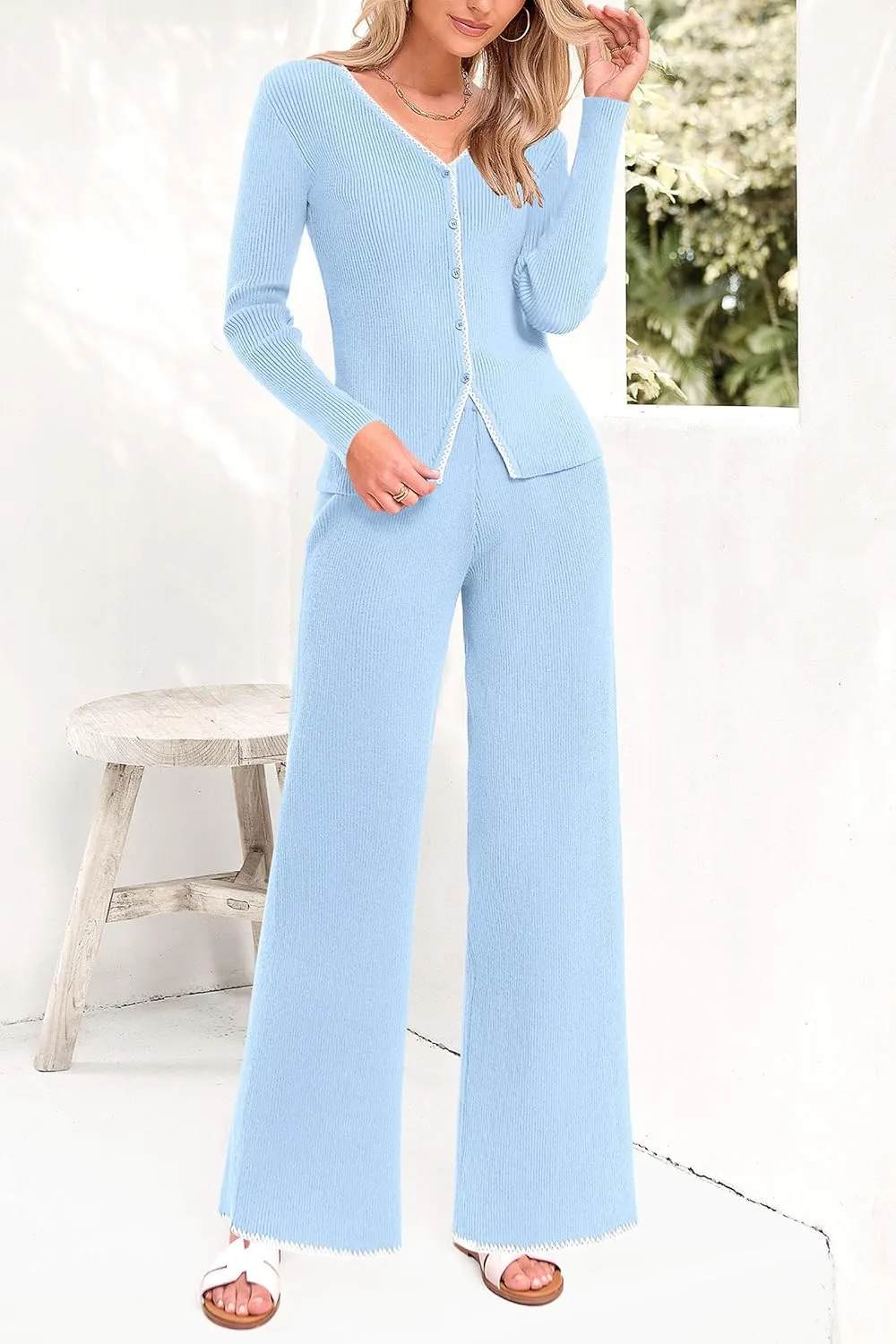 PRETTYGARDEN Women's 2 Piece Outfits 2024 Winter Knit Lounge Sets Long Sleeve Buttons Sweater Tops Wide Leg Pants Tracksuits