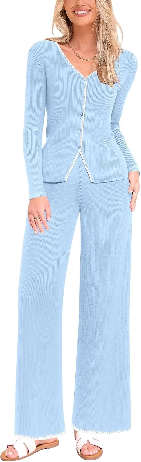 PRETTYGARDEN Women's 2 Piece Outfits 2024 Winter Knit Lounge Sets Long Sleeve Buttons Sweater Tops Wide Leg Pants Tracksuits