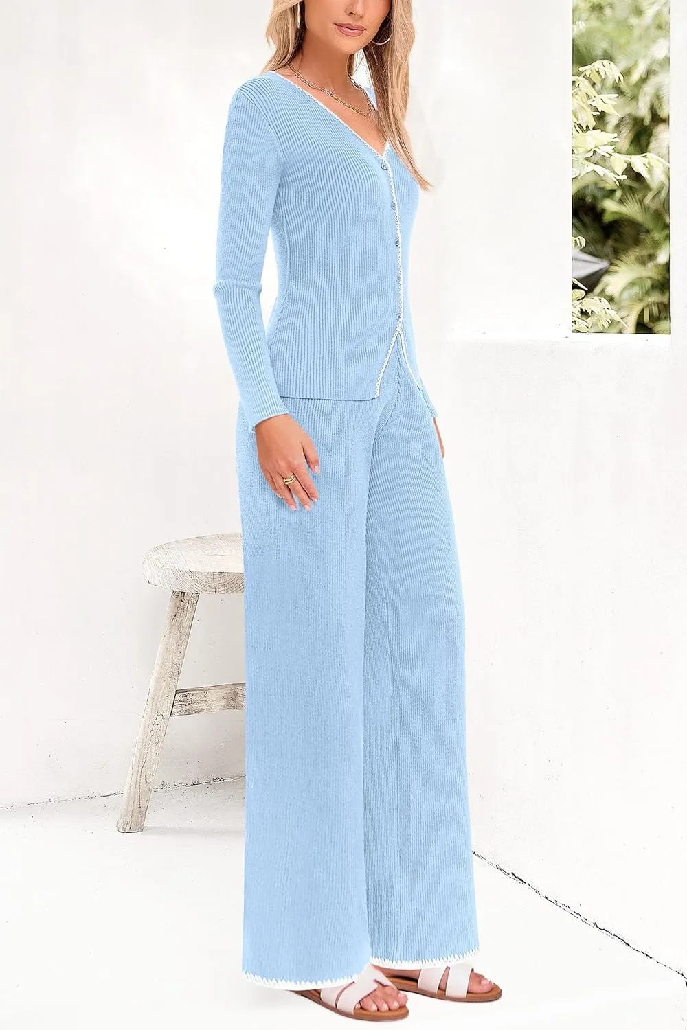 PRETTYGARDEN Women's 2 Piece Outfits 2024 Winter Knit Lounge Sets Long Sleeve Buttons Sweater Tops Wide Leg Pants Tracksuits