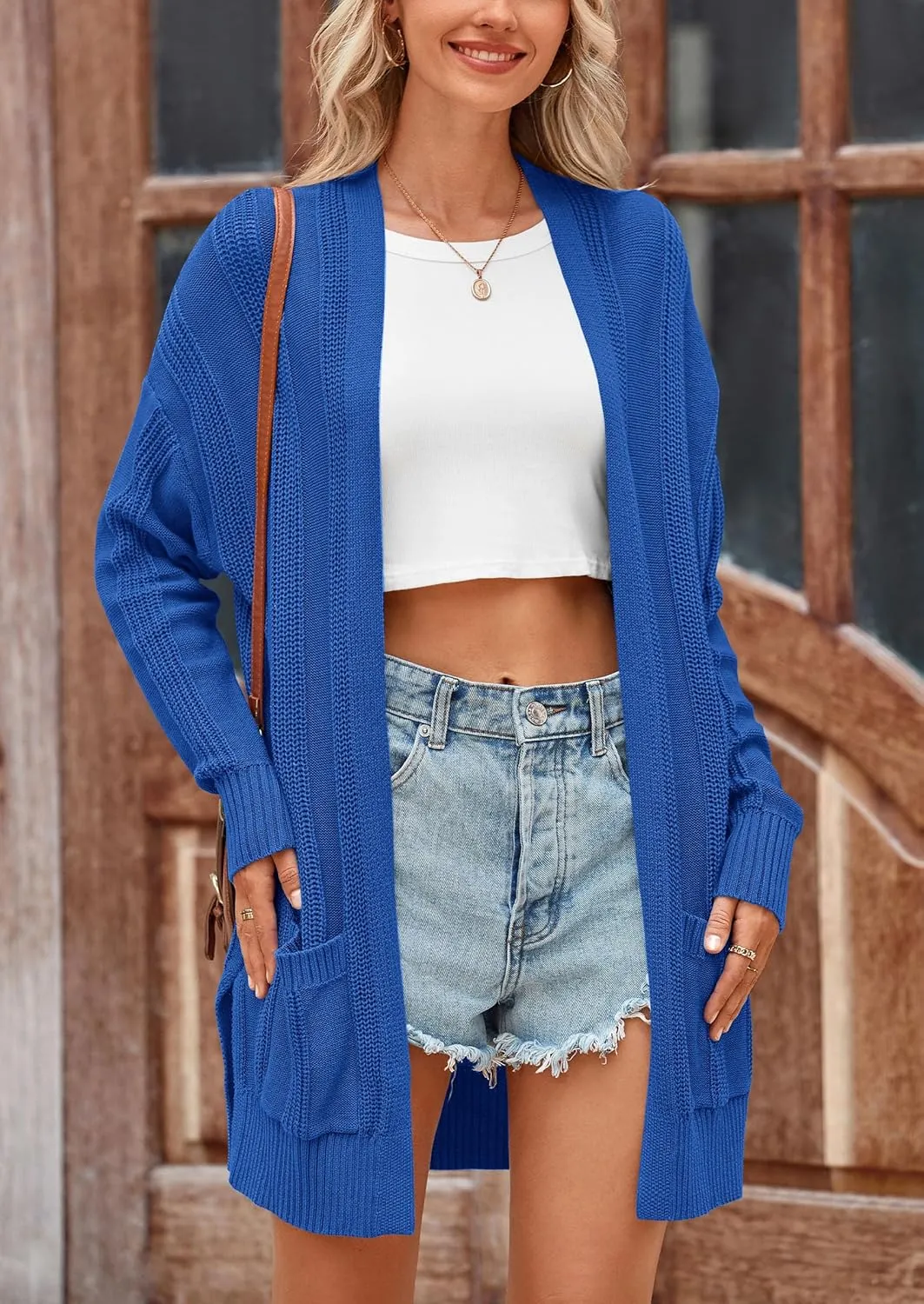 PRETTYGARDEN Women's Fall Loose Open Front Cardigan Long Sleeve Cable Knit Sweaters Lightweight Outwear with Pockets