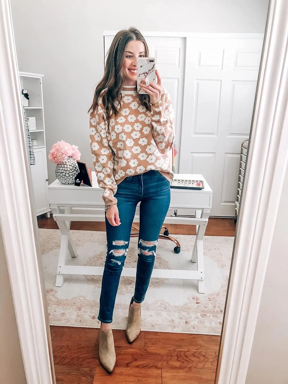 PRETTYGARDEN Women's Knit Floral Print Sweater Crewneck Long Sleeve Lightweight Pullover Sweatshirt