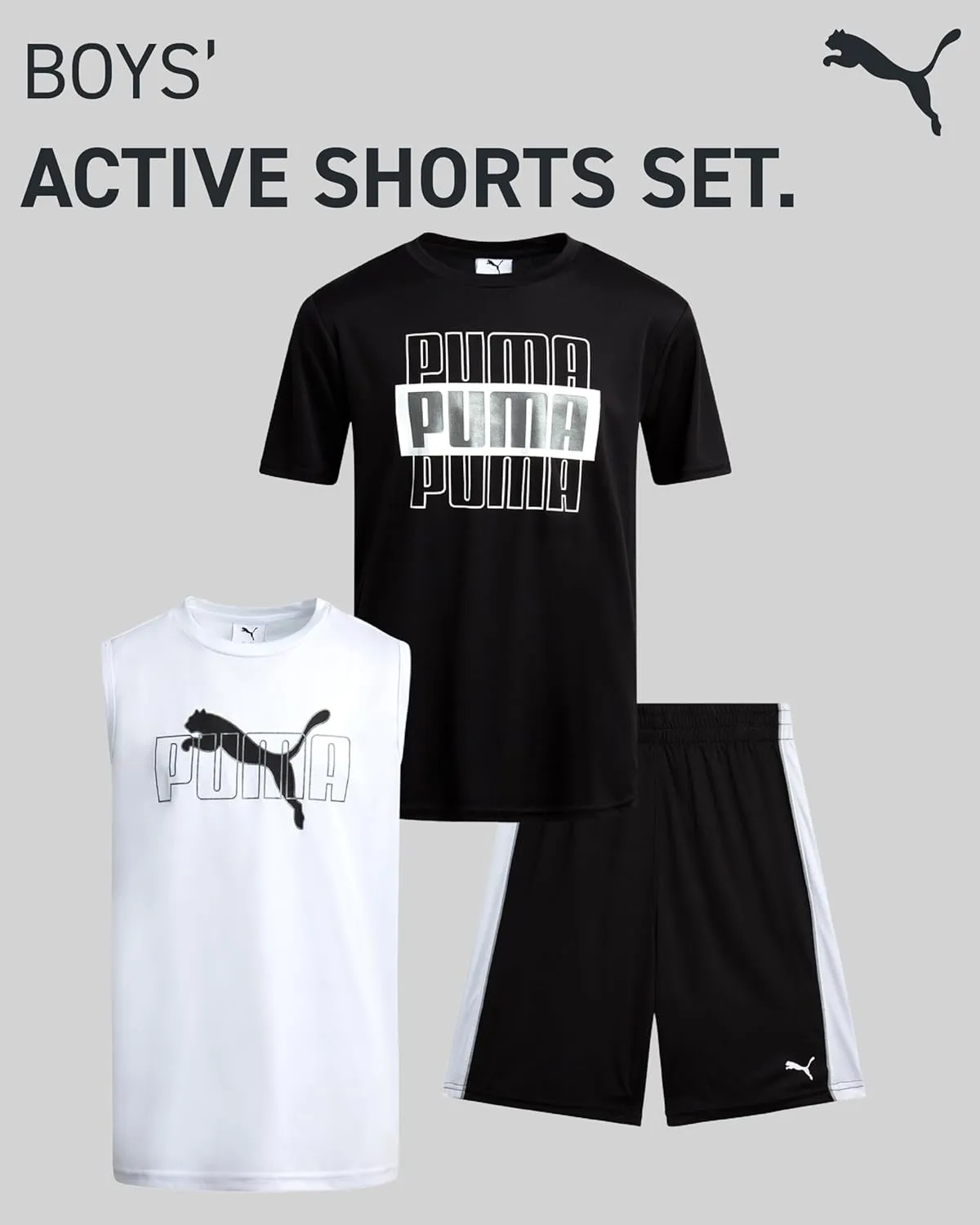 PUMA Boys' Active Shorts Set - 3 Piece Performance T-Shirt, Dry Fit Tank Top, and Gym Shorts - Activewear Set for Boys (4-16)