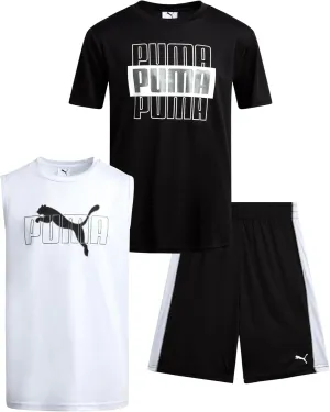 PUMA Boys' Active Shorts Set - 3 Piece Performance T-Shirt, Dry Fit Tank Top, and Gym Shorts - Activewear Set for Boys (4-16)