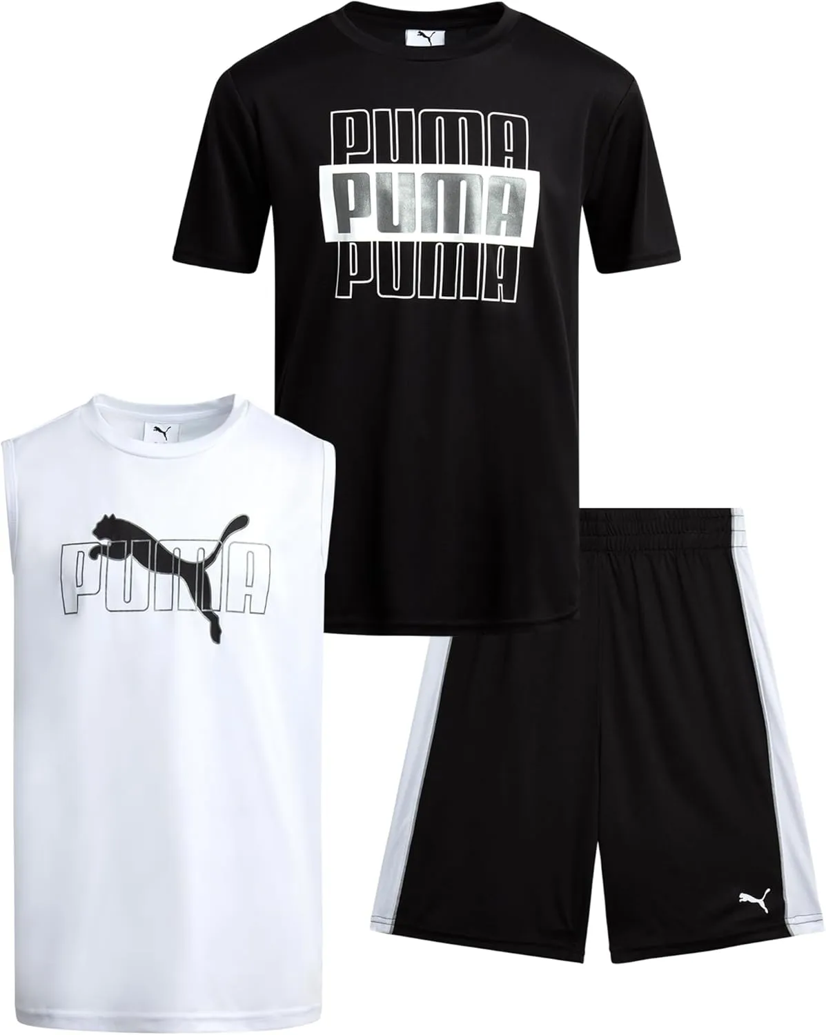 PUMA Boys' Active Shorts Set - 3 Piece Performance T-Shirt, Dry Fit Tank Top, and Gym Shorts - Activewear Set for Boys (4-16)