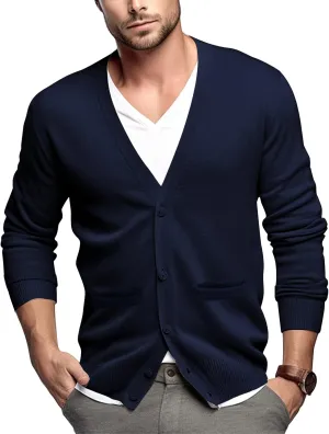 QUALFORT Men's 100% Cotton Cardigan Sweater Casual V-Neck Button Down Knitted Outerwear with Pockets