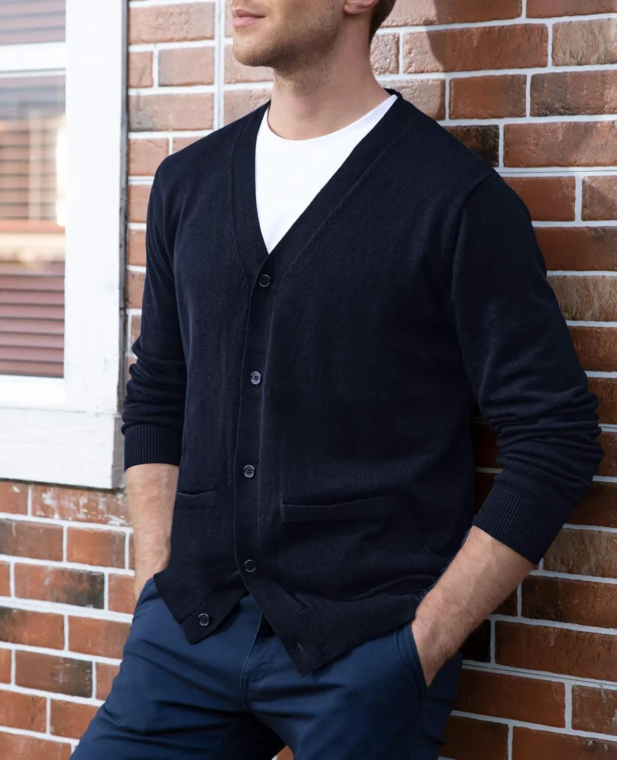 QUALFORT Men's 100% Cotton Cardigan Sweater Casual V-Neck Button Down Knitted Outerwear with Pockets