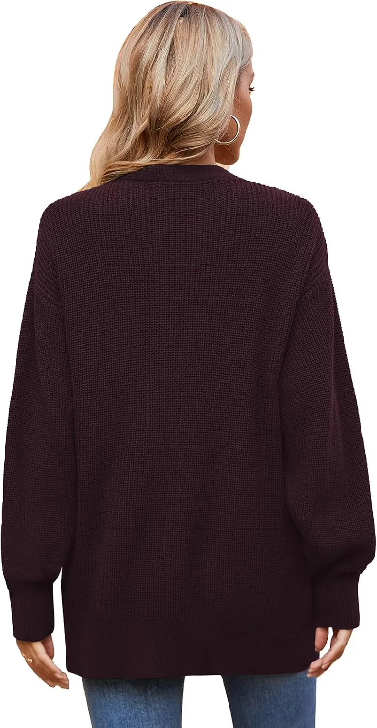 QUALFORT Women's 100% Cotton Cardigans for Women Lantern Sleeve Oversized Sweater with Pockets