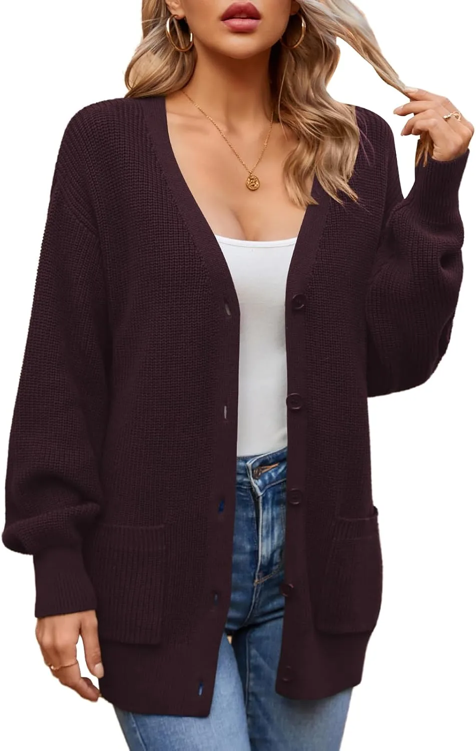 QUALFORT Women's 100% Cotton Cardigans for Women Lantern Sleeve Oversized Sweater with Pockets