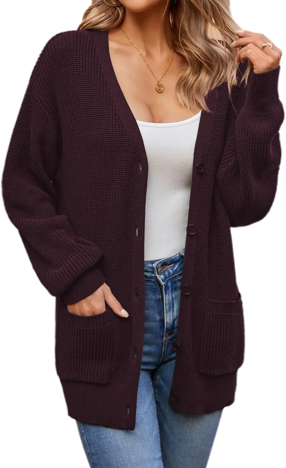 QUALFORT Women's 100% Cotton Cardigans for Women Lantern Sleeve Oversized Sweater with Pockets