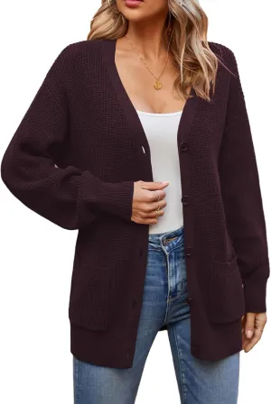 QUALFORT Women's 100% Cotton Cardigans for Women Lantern Sleeve Oversized Sweater with Pockets