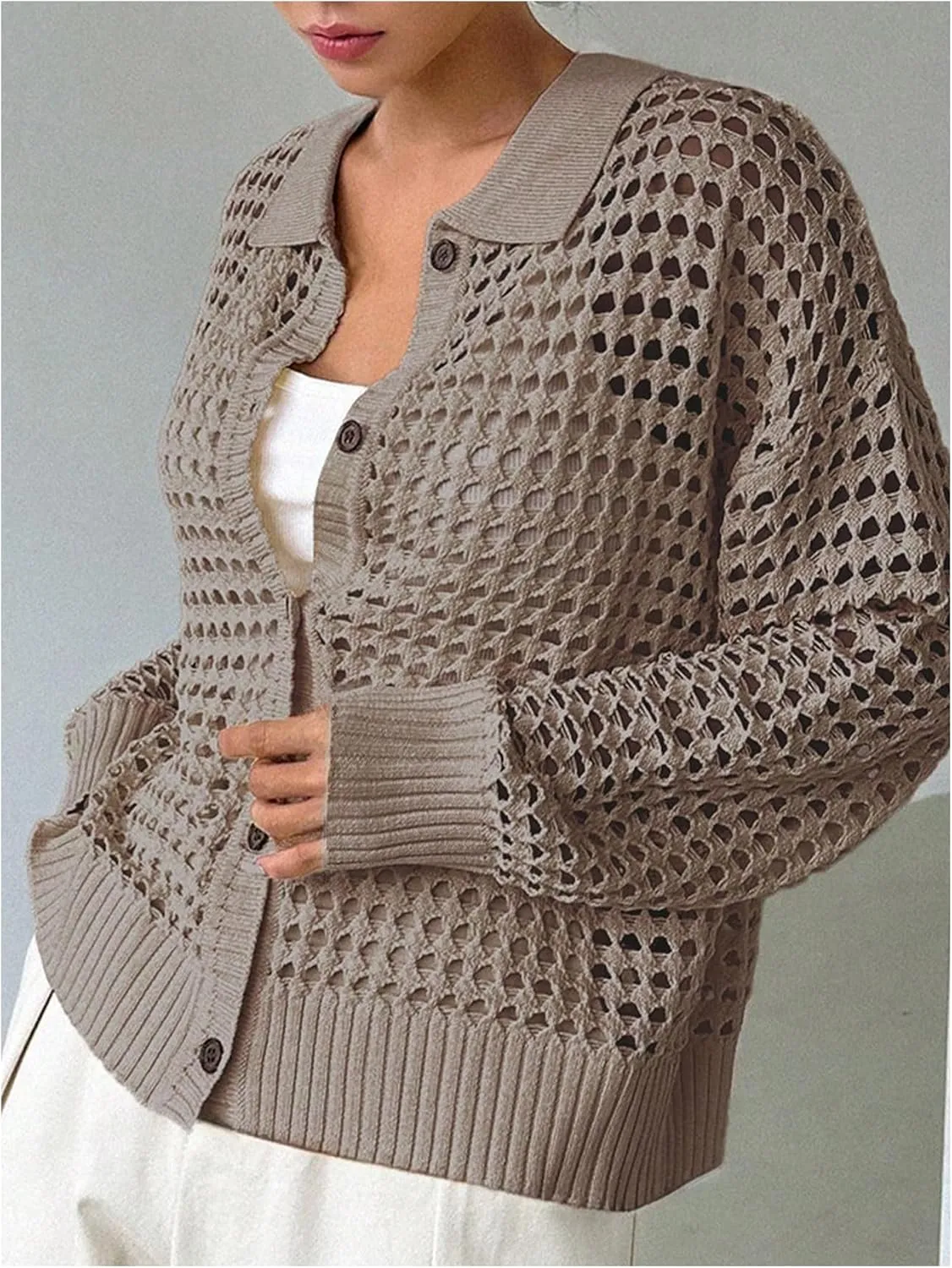 QWINEE Women's Crochet Cardigan Sweater Lightweight Cardigan Hollow Out Sweater Long Sleeve Button Down Knit Top