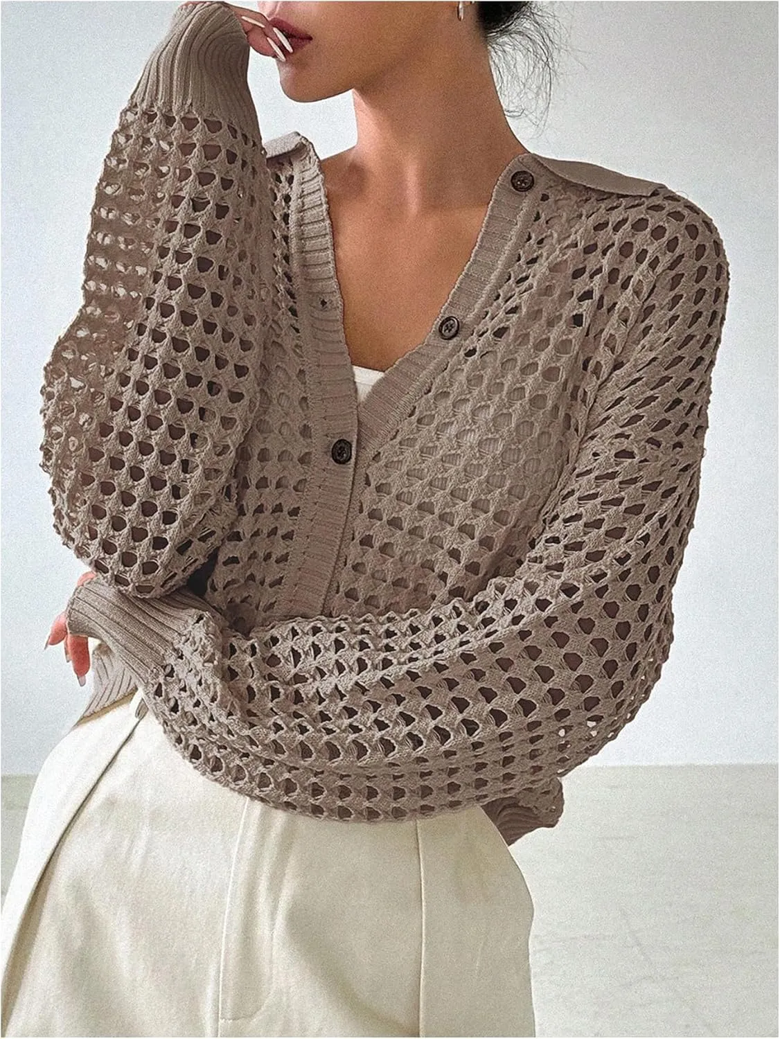 QWINEE Women's Crochet Cardigan Sweater Lightweight Cardigan Hollow Out Sweater Long Sleeve Button Down Knit Top