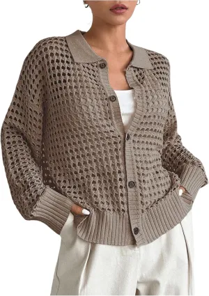 QWINEE Women's Crochet Cardigan Sweater Lightweight Cardigan Hollow Out Sweater Long Sleeve Button Down Knit Top