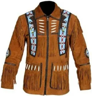 R M Western Cowboy Leather Jacket For Men's Fringes Bones & Suede Beaded Native American -Brown