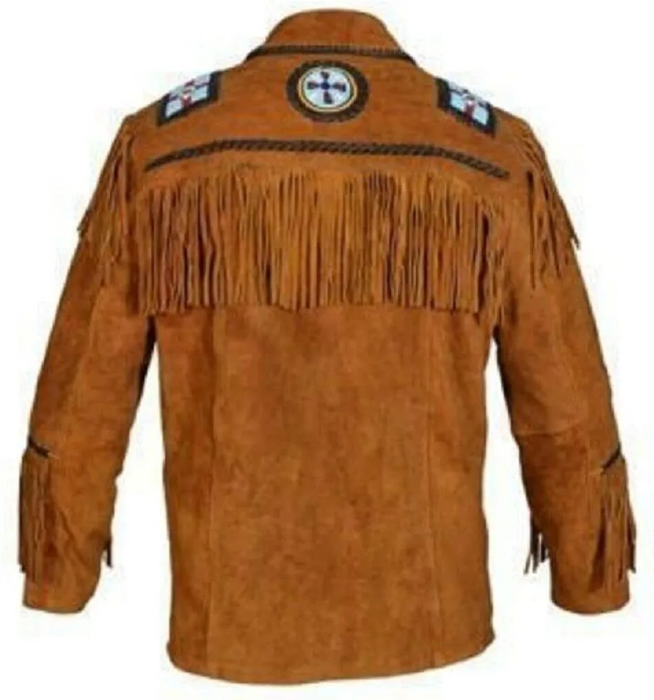 R M Western Cowboy Leather Jacket For Men's Fringes Bones & Suede Beaded Native American -Brown