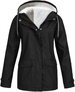 Rain Jacket for Women Waterproof Fleece Lined Fall Winter Coats Hooded Softshell Warm Windbreaker Trench Coat