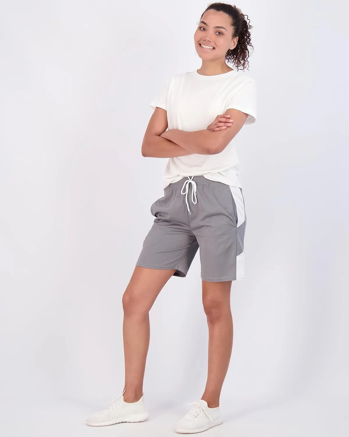 Real Essentials 4-Pack: Women's 7" Mesh Quick-Dry Bermuda Active Athletic Long Shorts with Pockets (Available in Plus Size)