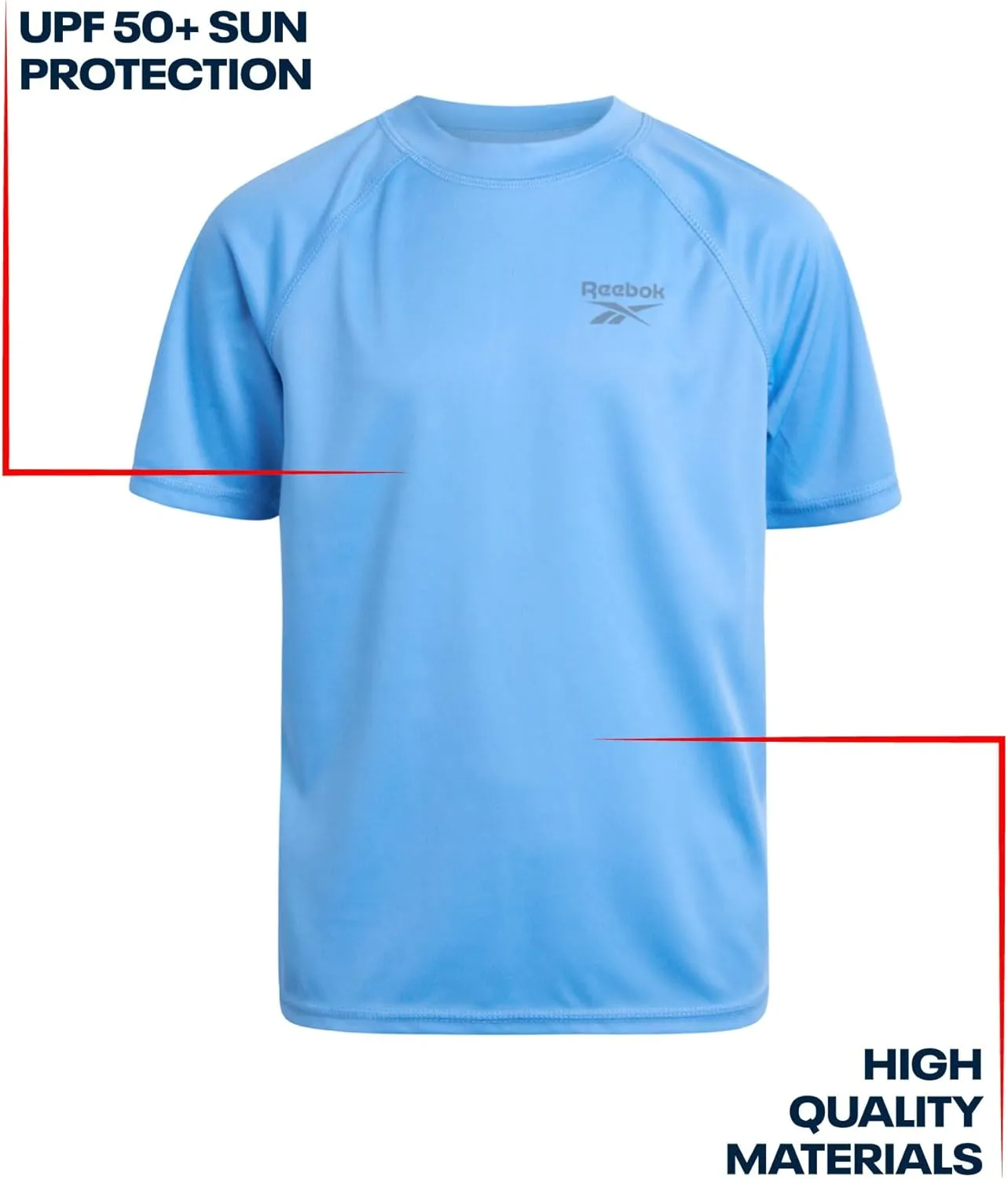 Reebok Boys Swim Shirt - 2 Pack Short Sleeve Rash Guard for Boys UPF 50  Quick Dry Kids Swimwear Sun Shirt for Summer