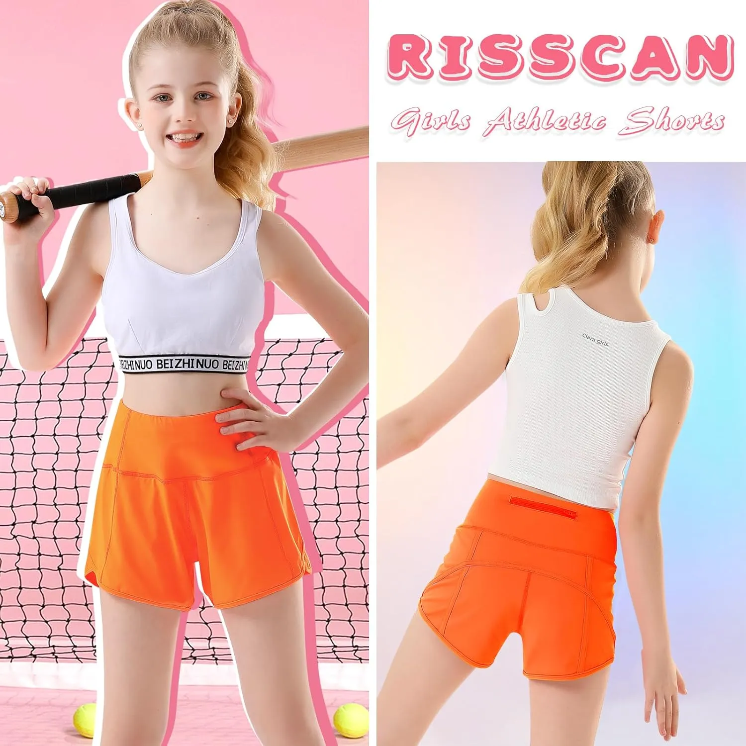 RISSCAN Girls Athletic Running Shorts Teen Girls with Back Zip Pocket Workout Quick Dry Lightweight Active Short for Kids