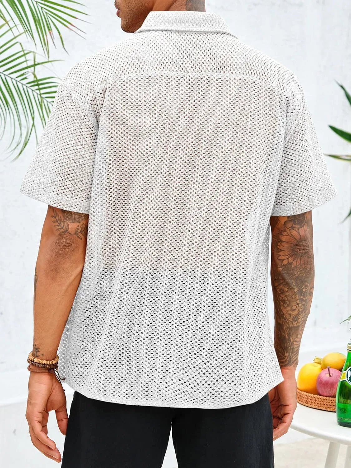 Runcati Mens Button Down Shirt Knit Crochet Hollow Out Short Sleeve Sweater Casual Summer Tops