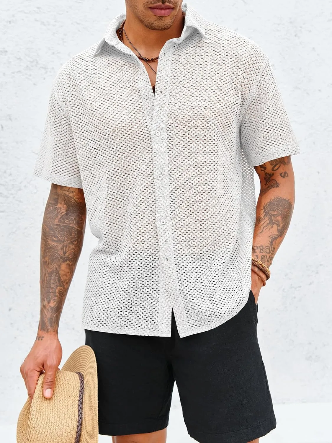 Runcati Mens Button Down Shirt Knit Crochet Hollow Out Short Sleeve Sweater Casual Summer Tops