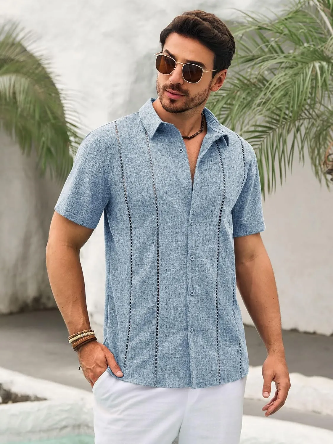 Runcati Mens Cuban Guayabera Shirts Short Sleeve Button Down Linen Shirt Mexican Casual Beach Summer Tops