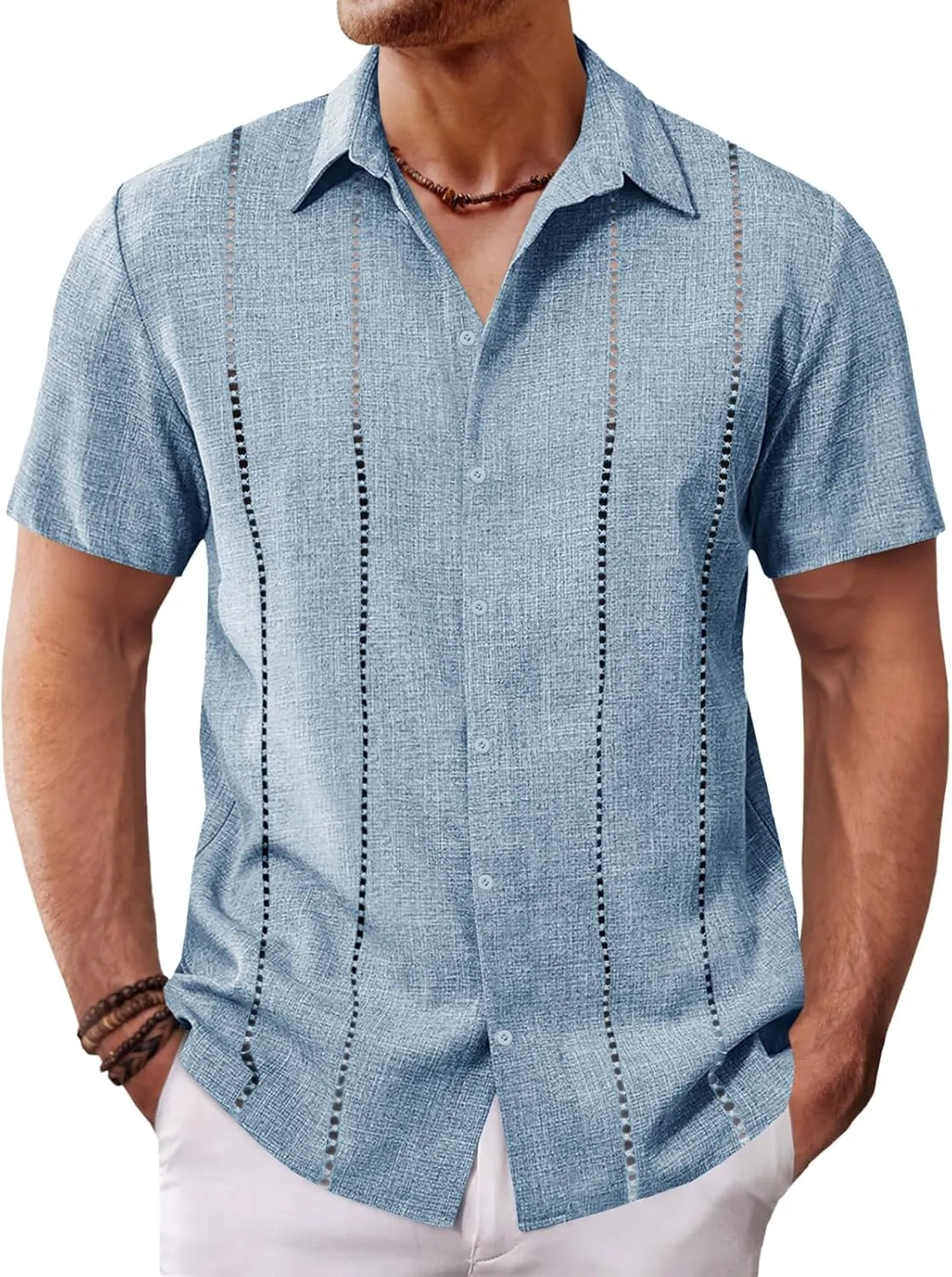 Runcati Mens Cuban Guayabera Shirts Short Sleeve Button Down Linen Shirt Mexican Casual Beach Summer Tops