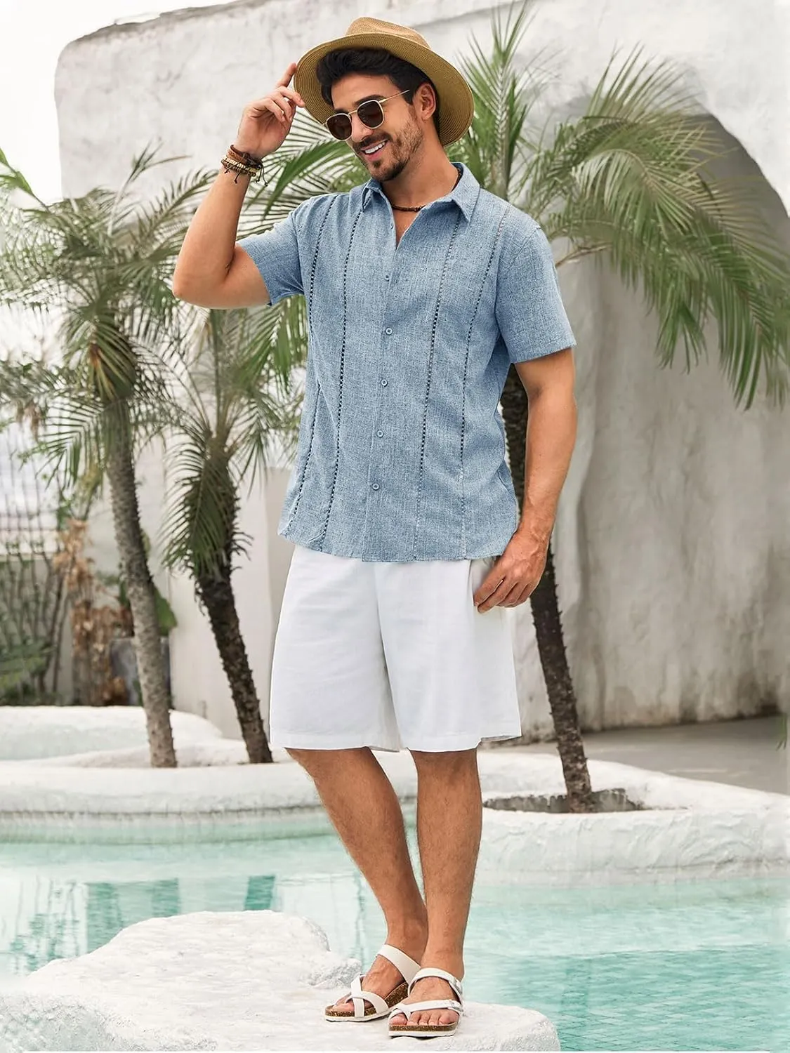 Runcati Mens Cuban Guayabera Shirts Short Sleeve Button Down Linen Shirt Mexican Casual Beach Summer Tops