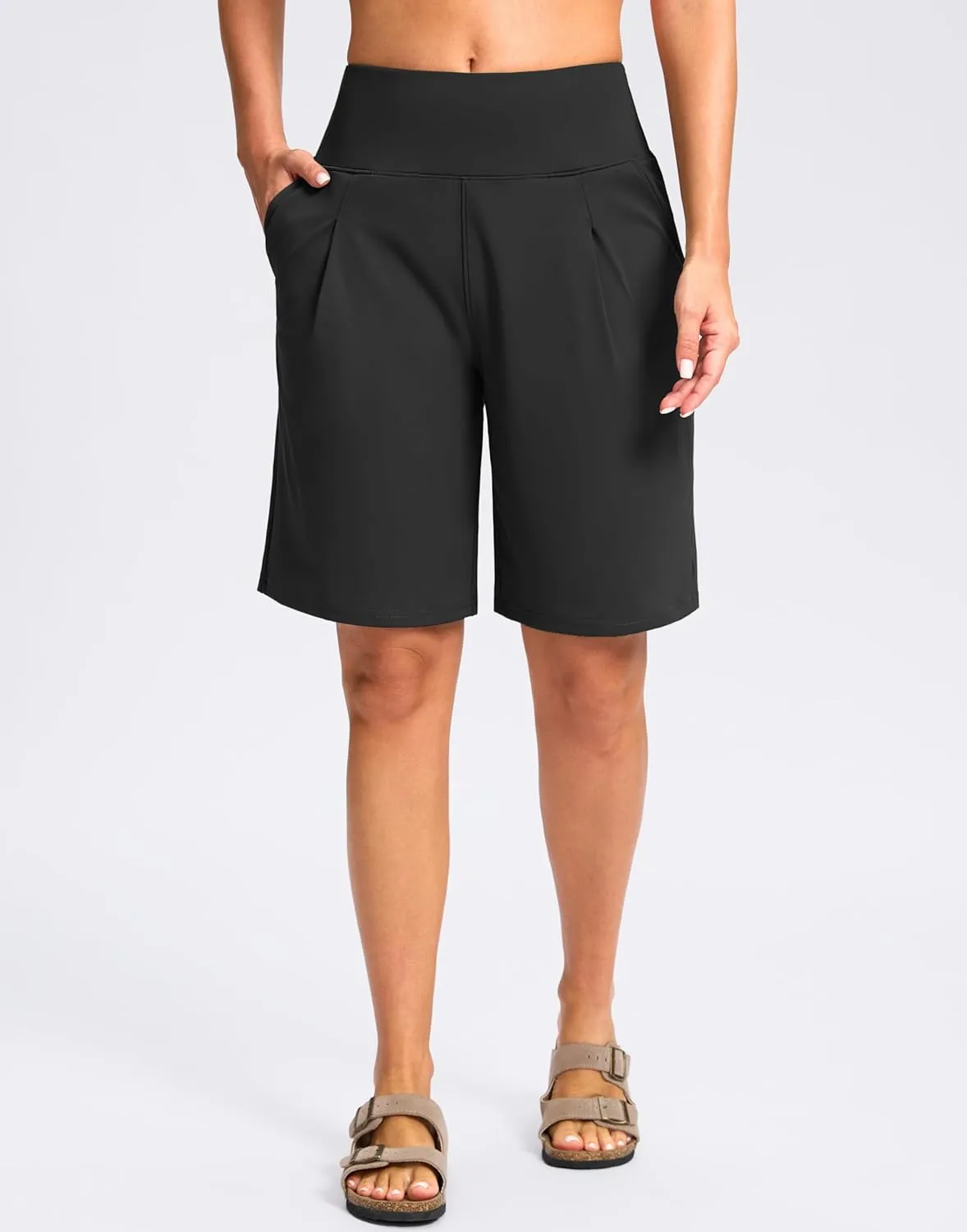 SANTINY Bermuda Shorts for Women Knee Length 9" High Waisted Pleated Casual Long Shorts with Pockets Walking Workout Athletic