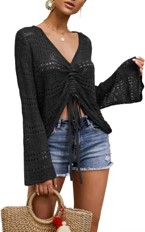 Saodimallsu Womens Boho Off Shoulder Sheer Crop Tops Bell Sleeve Flowy Oversized Crochet Ruched Pullover Sweaters