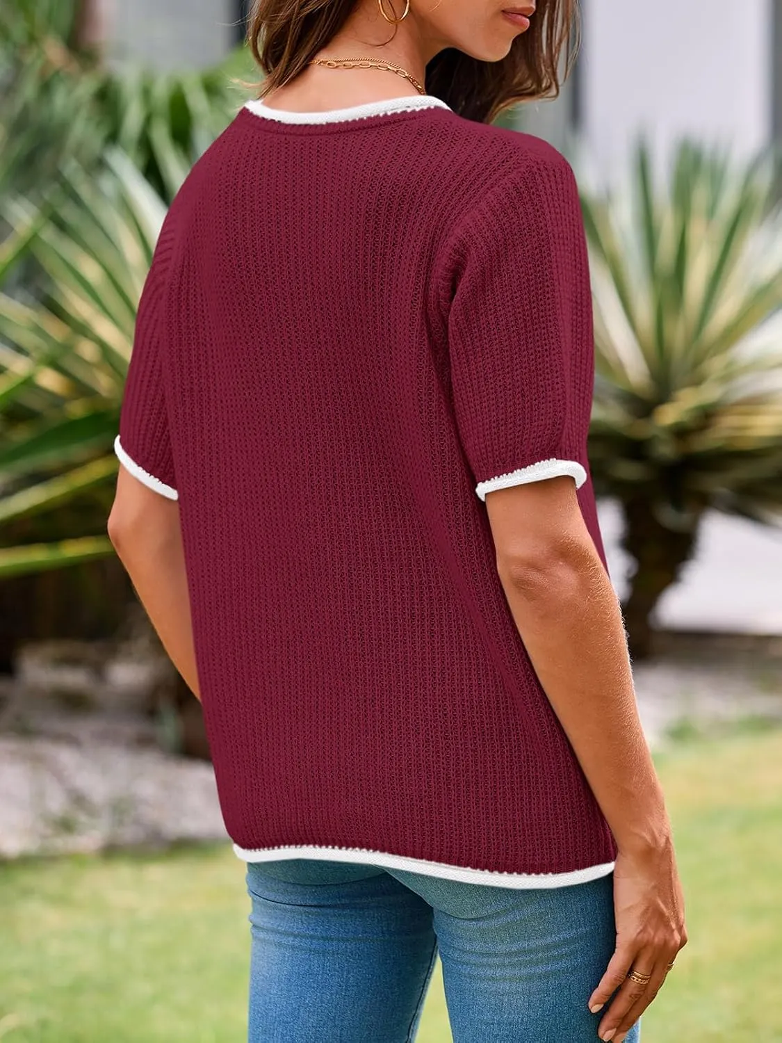 Saodimallsu Womens Puff Short Sleeve Sweater Tops Spring Summer Color Block Ribbed Knit Crew Neck Going Out Shirts