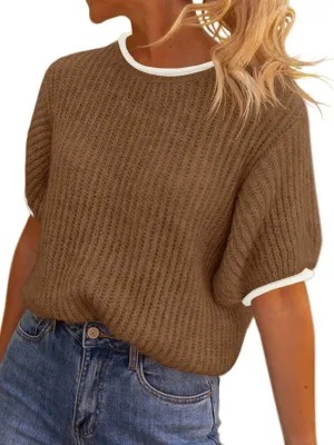 Saodimallsu Womens Puff Short Sleeve Sweater Tops Spring Summer Color Block Ribbed Knit Crew Neck Going Out Shirts