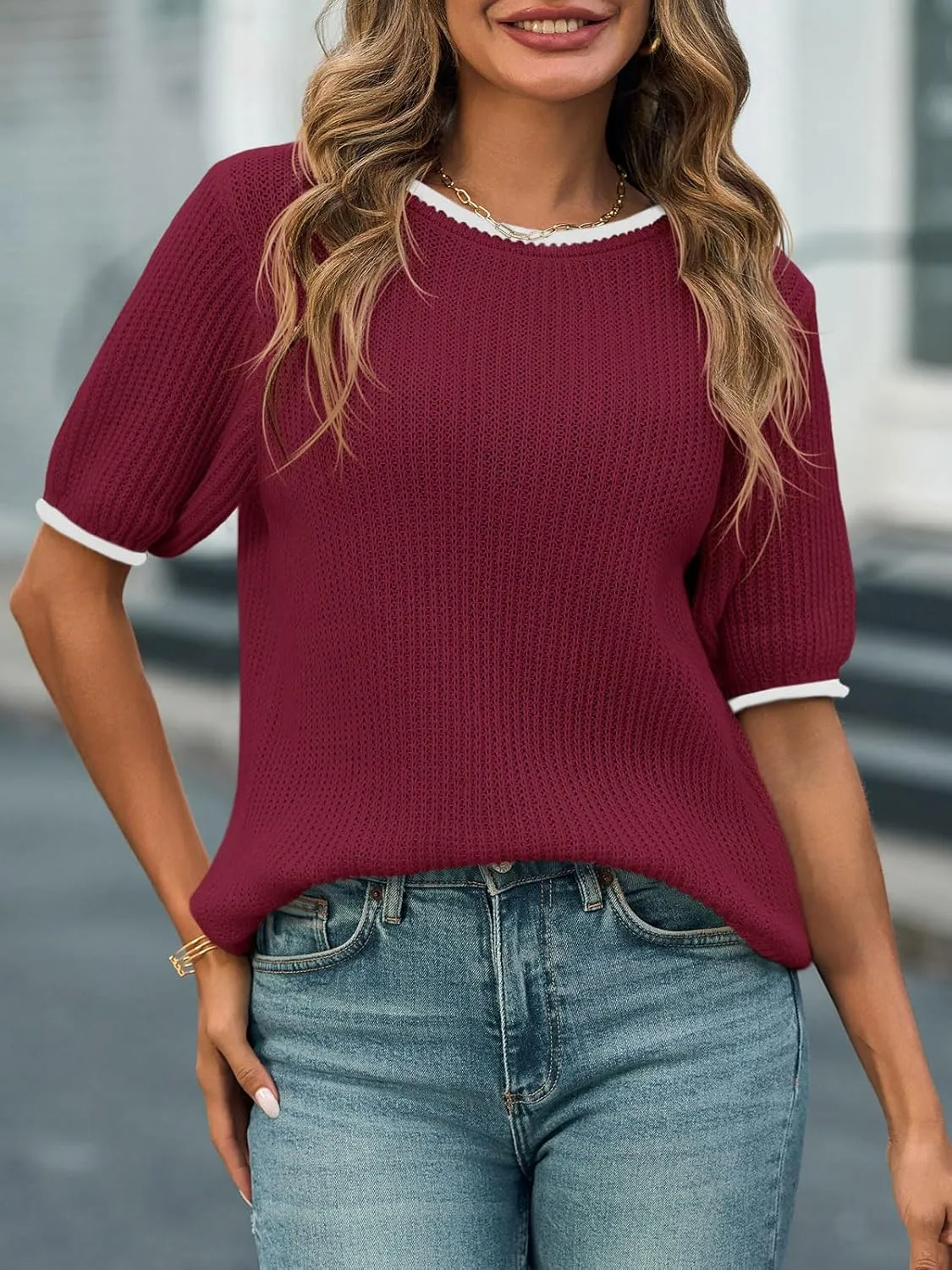 Saodimallsu Womens Puff Short Sleeve Sweater Tops Spring Summer Color Block Ribbed Knit Crew Neck Going Out Shirts