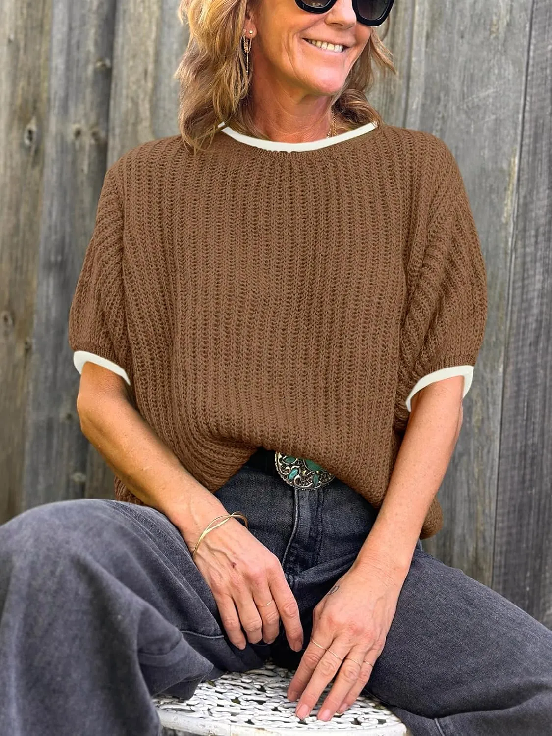 Saodimallsu Womens Puff Short Sleeve Sweater Tops Spring Summer Color Block Ribbed Knit Crew Neck Going Out Shirts
