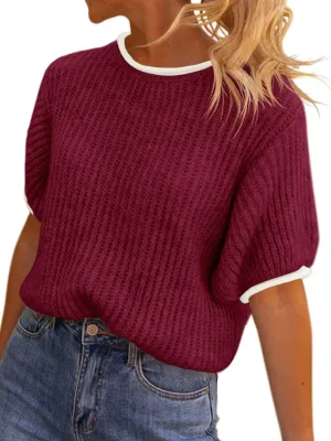 Saodimallsu Womens Puff Short Sleeve Sweater Tops Spring Summer Color Block Ribbed Knit Crew Neck Going Out Shirts
