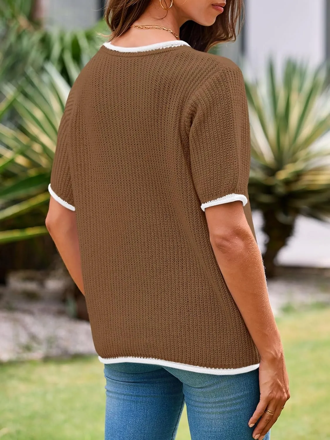 Saodimallsu Womens Puff Short Sleeve Sweater Tops Spring Summer Color Block Ribbed Knit Crew Neck Going Out Shirts