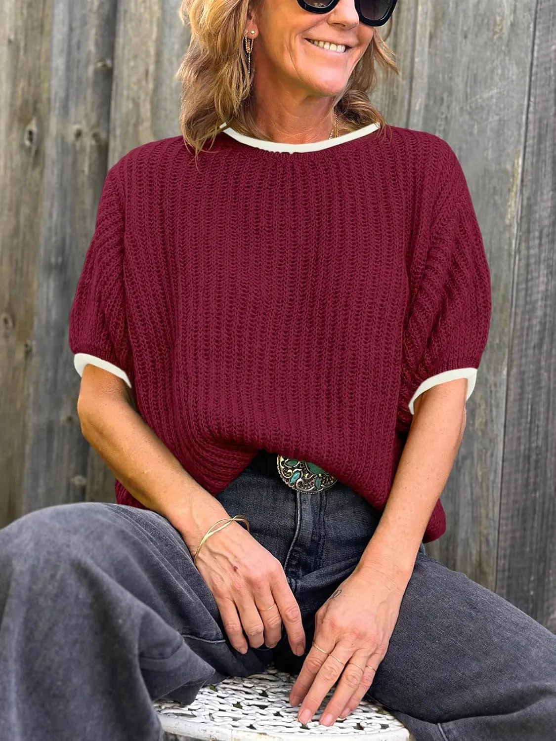 Saodimallsu Womens Puff Short Sleeve Sweater Tops Spring Summer Color Block Ribbed Knit Crew Neck Going Out Shirts