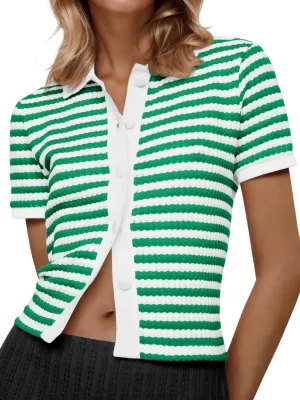 Saodimallsu Womens Striped Short Sleeve Sweater Tops Polo Collared Button Crochet Summer Cropped Cardigan