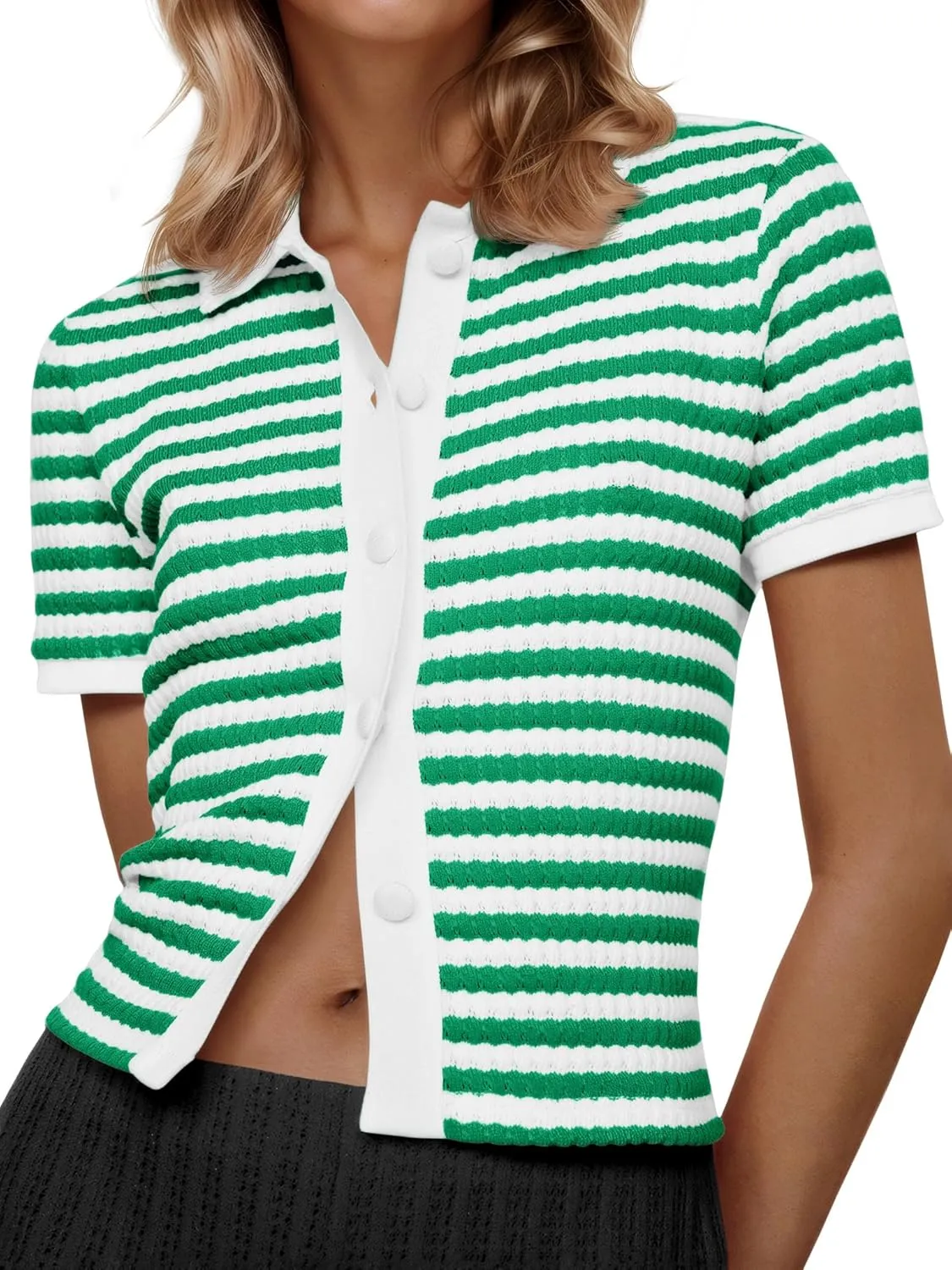 Saodimallsu Womens Striped Short Sleeve Sweater Tops Polo Collared Button Crochet Summer Cropped Cardigan