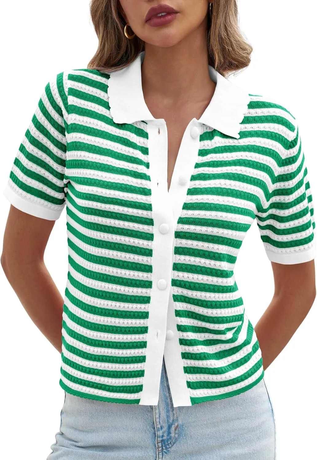Saodimallsu Womens Striped Short Sleeve Sweater Tops Polo Collared Button Crochet Summer Cropped Cardigan