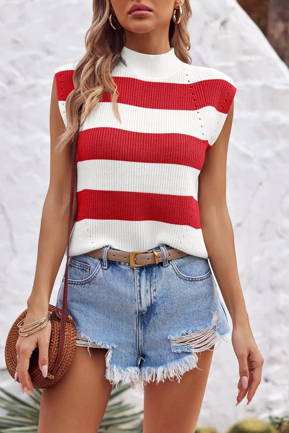 Saodimallsu Womens Striped Sweater Vest Sleeveless Mock Neck Cap Sleeve Ribbed Knit Summer Crop Tops