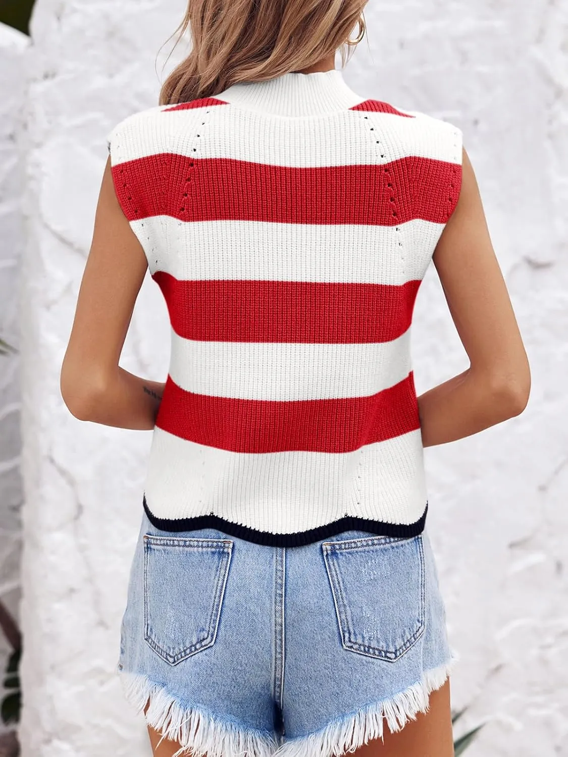 Saodimallsu Womens Striped Sweater Vest Sleeveless Mock Neck Cap Sleeve Ribbed Knit Summer Crop Tops