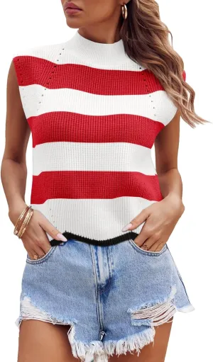 Saodimallsu Womens Striped Sweater Vest Sleeveless Mock Neck Cap Sleeve Ribbed Knit Summer Crop Tops