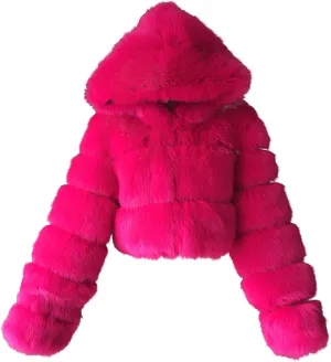 SEAOPEN Faux Fur Coats for Women Crop Hooded Warm Jackets Fashion Splicing Long Sleeve Jacket Winter Shaggy Outerwears
