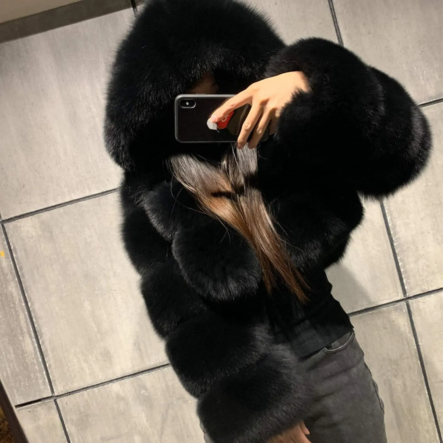 SEAOPEN Faux Fur Coats for Women Crop Hooded Warm Jackets Fashion Splicing Long Sleeve Jacket Winter Shaggy Outerwears
