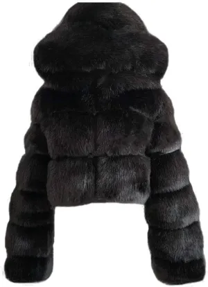 SEAOPEN Faux Fur Coats for Women Crop Hooded Warm Jackets Fashion Splicing Long Sleeve Jacket Winter Shaggy Outerwears