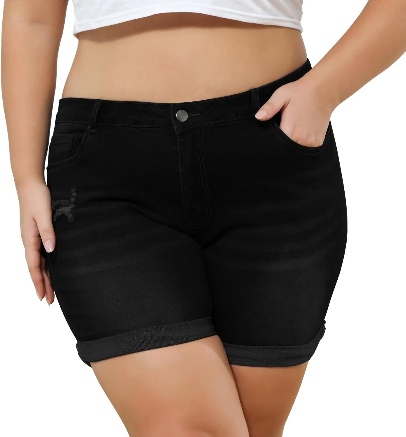 Sghenr Plus Size Women's Ripped Denim Jean Shorts High Waisted Stretchy Folded Hem Short Jeans