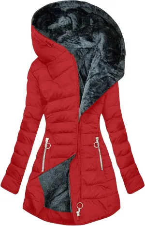Sherpa Lined Hoodie Women, Solid Zip Up Warm Puffer Overcoats Thick Long Sleeve Outerwear Casual Warm Down Jacket