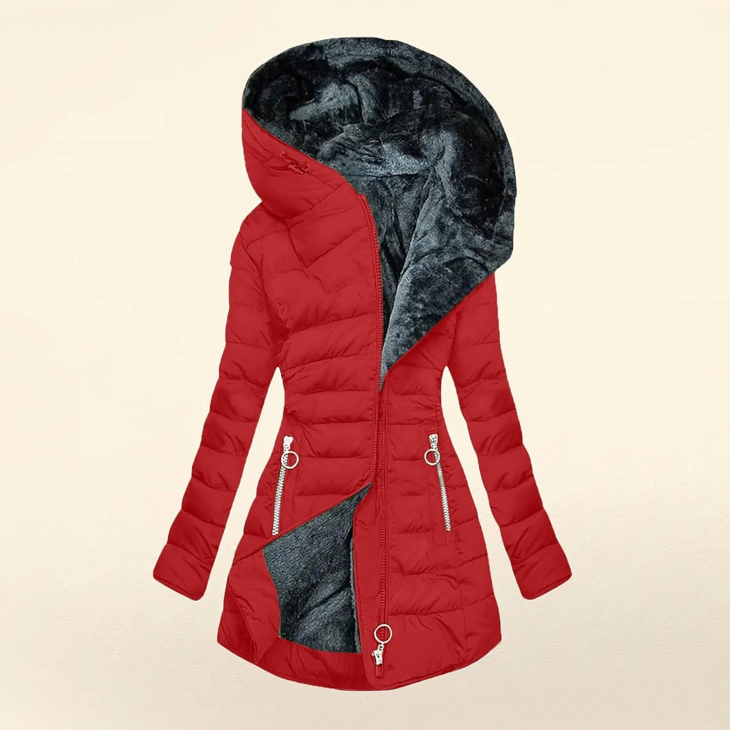 Sherpa Lined Hoodie Women, Solid Zip Up Warm Puffer Overcoats Thick Long Sleeve Outerwear Casual Warm Down Jacket