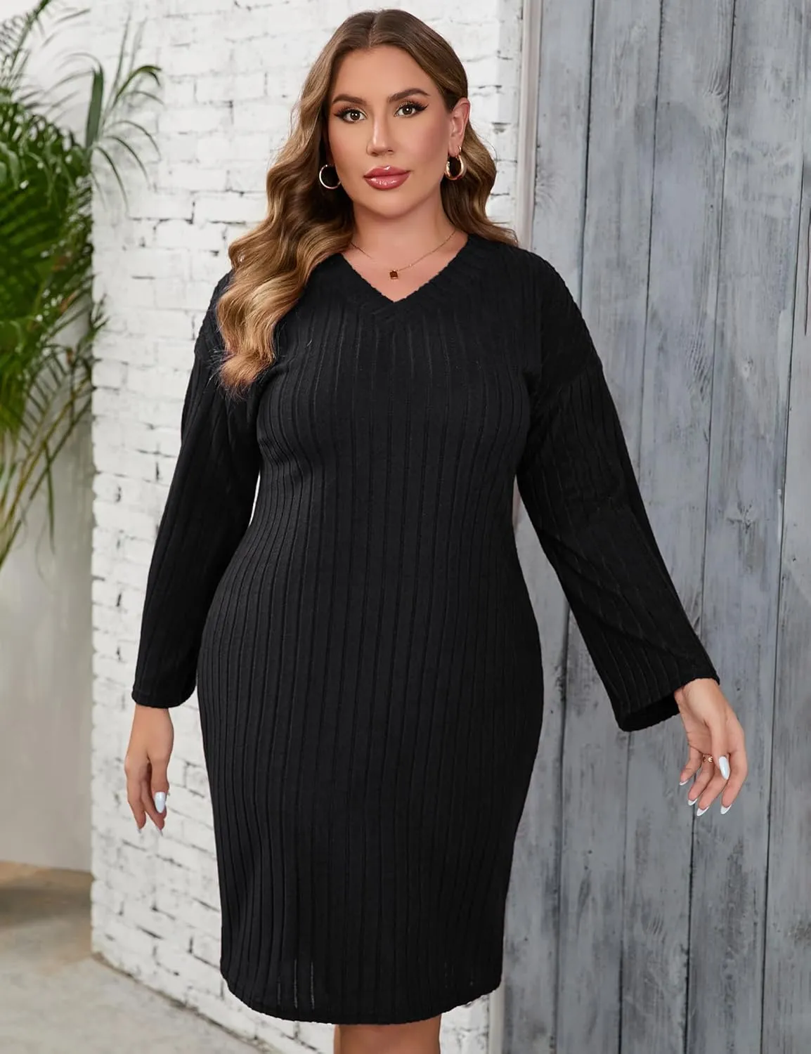 ShopWonder Womens Plus Size Sweater Dress Long Sleeve Ribbed Knit Dress Winter Loose Casual Pullover Sweater Midi Dresses